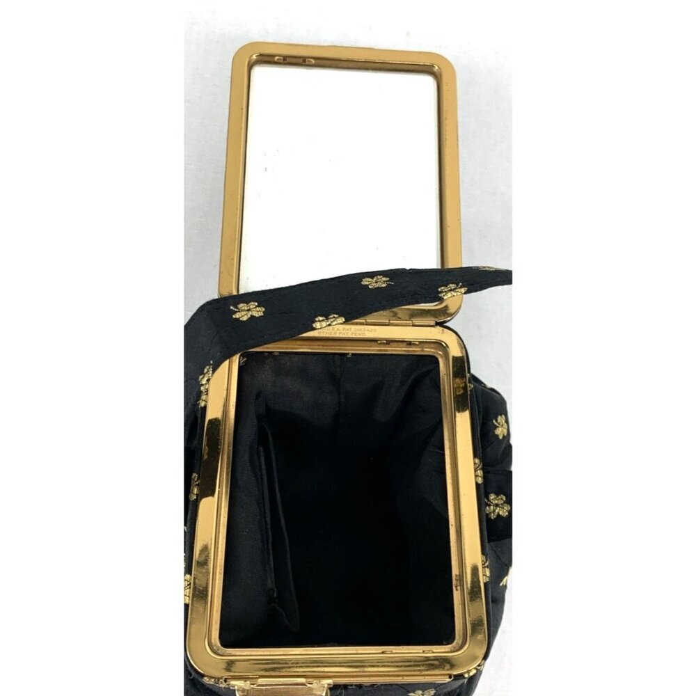 LIN BREN Purse Handbag Black & Gold Satin Brocade Box Mirror 5" Tall - Picture 8 of 10